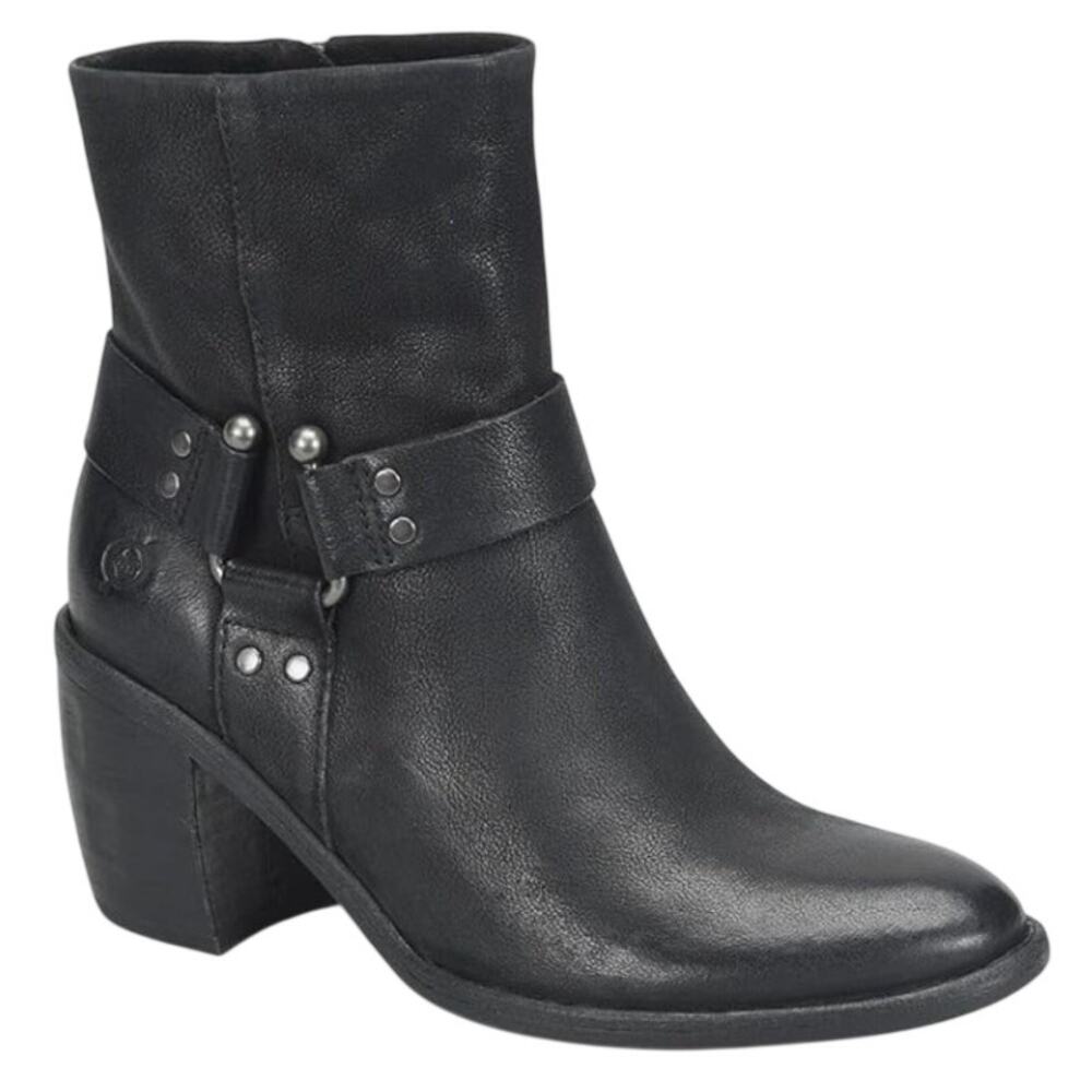 Born Dakota black leather harness ankle boots block heel Women size 8.5